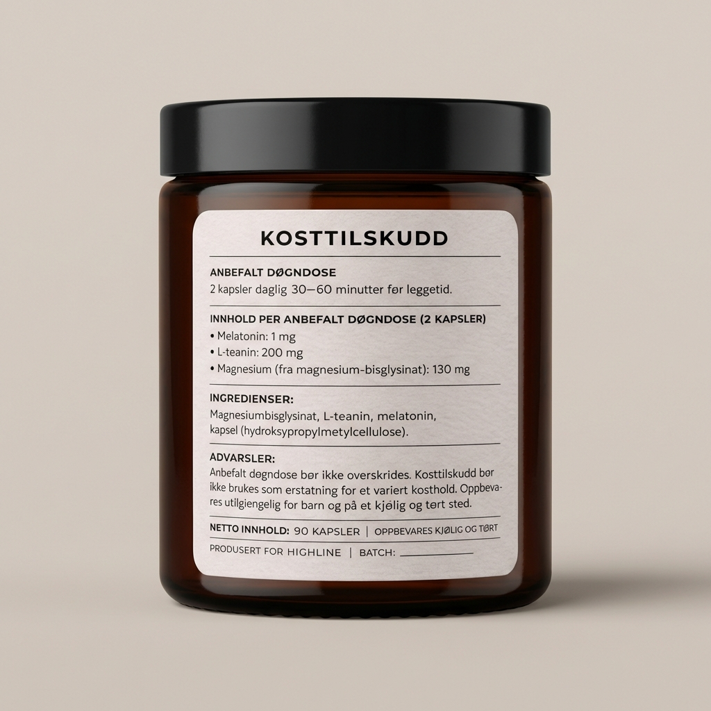 Innholdsdeklarasjon Elite Sleep – melatonin 1mg, L-teanin 200mg, magnesiumbisglysinat 130mg per dose