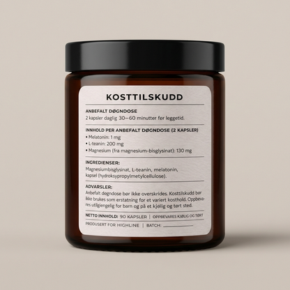 Innholdsdeklarasjon Elite Sleep – melatonin 1mg, L-teanin 200mg, magnesiumbisglysinat 130mg per dose